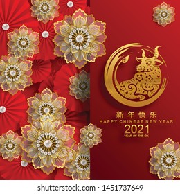 
Chinese new year 2021 year of the ox , red and gold paper cut ox character,flower and asian elements with craft style on background. 
(Chinese translation : Happy chinese new year 2021, year of the ox