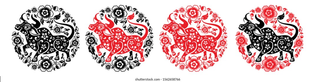 Chinese new year 2021 year of the ox , red and gold paper cut ox character,flower and asian elements with craft style on background. (Chinese translation : Happy chinese new year 2021, year of ox)