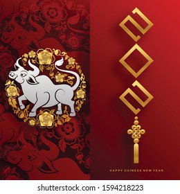 Chinese new year 2021 year of the ox , red and gold paper cut ox character,flower and asian elements with craft style on background. (Chinese translation : Happy chinese new year 2021, year of ox)