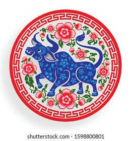 Chinese new year 2021 year of the ox , red and gold paper cut ox character,flower and asian elements with craft style on background. (Chinese translation : Happy chinese new year 2021, year of ox)