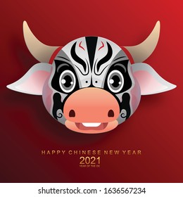 Chinese new year 2021 year of the ox , red and gold paper cut ox character,flower and asian elements with craft style on background. (Chinese translation : Happy chinese new year 2021, year of ox)