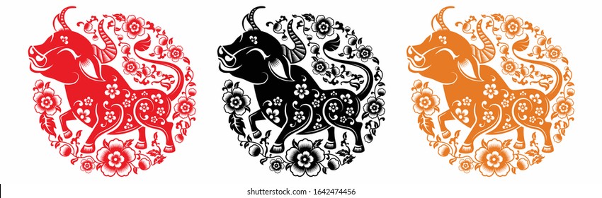 Chinese new year 2021 year of the ox , red and gold paper cut ox character,flower and asian elements with craft style on background. (Chinese translation : Happy chinese new year 2021, year of ox)