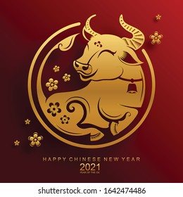 Chinese new year 2021 year of the ox , red and gold paper cut ox character,flower and asian elements with craft style on background. (Chinese translation : Happy chinese new year 2021, year of ox)