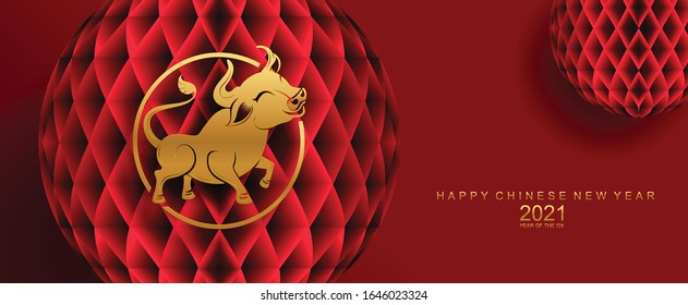 Chinese new year 2021 year of the ox , red and gold paper cut ox character,flower and asian elements with craft style on background. (Chinese translation : Happy chinese new year 2021, year of ox)