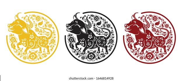 Chinese new year 2021 year of the ox , red and gold paper cut ox character,flower and asian elements with craft style on background. (Chinese translation : Happy chinese new year 2021, year of ox)