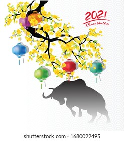 Chinese new year 2021 year of the ox , red paper cut ox character,flower and asian elements with craft style on background.