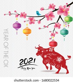 Chinese new year 2021 year of the ox , red paper cut ox character,flower and asian elements with craft style on background.