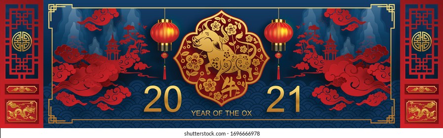Chinese new year 2021 year of the ox , red paper cut ox character,flower and asian elements with craft style on background.(Chinese translation : Happy chinese new year 2021, year of ox) - Shutterstock ID 1696666978