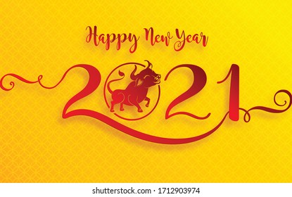 Chinese new year 2021 year of the ox , red paper cut ox character,flower and asian elements with craft style on background.(Chinese translation : Happy chinese new year 2021, year of ox)