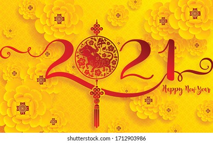 Chinese new year 2021 year of the ox , red paper cut ox character,flower and asian elements with craft style on background.(Chinese translation : Happy chinese new year 2021, year of ox)