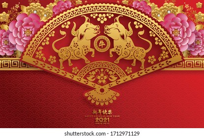 Chinese new year 2021 year of the ox , red paper cut ox character,flower and asian elements with craft style on background.(Chinese translation : Happy chinese new year 2021, year of ox)