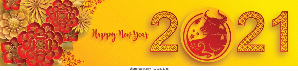 Chinese new year 2021 year of the ox , red paper cut ox character,flower and asian elements with craft style on background.(Chinese translation : Happy chinese new year 2021, year of ox)