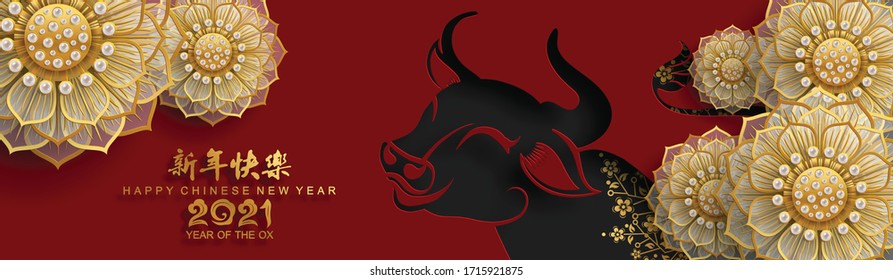 Chinese new year 2021 year of the ox , red paper cut ox character,flower and asian elements with craft style on background.(Chinese translation : Happy chinese new year 2021, year of ox)