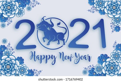 Chinese new year 2021 year of the ox , red paper cut ox character,flower and asian elements with craft style on background.(Chinese translation : Happy chinese new year 2021, year of ox)