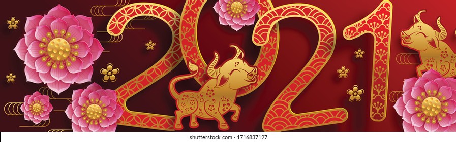 Chinese new year 2021 year of the ox , red paper cut ox character,flower and asian elements with craft style on background.(Chinese translation : Happy chinese new year 2021, year of ox)