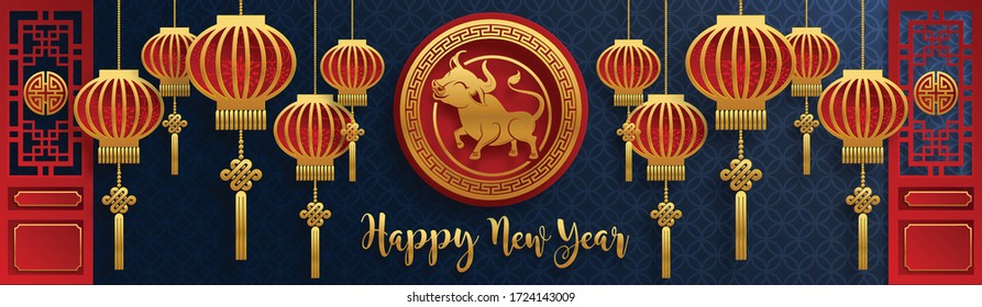 Chinese new year 2021 year of the ox , red paper cut ox character,flower and asian elements with craft style on background.(Chinese translation : Happy chinese new year 2021, year of ox)