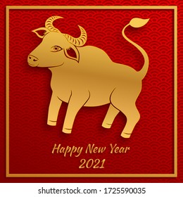 Chinese new year 2021 year of the ox , red and gold paper cut ox character in craft style on traditional background.