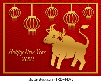 Chinese new year 2021 year of the ox , red and gold paper cut ox and lanterns character in craft style on traditional background.