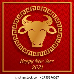 Chinese new year 2021 year of the ox , red and gold paper cut ox character in craft style on traditional background.
