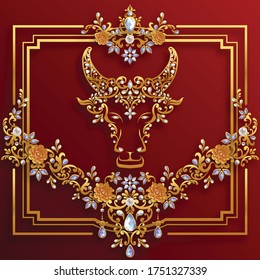 Chinese new year 2021 year of the ox , red paper cut ox character,flower and asian elements with craft style on background.(Chinese translation : Happy chinese new year 2021, year of ox)