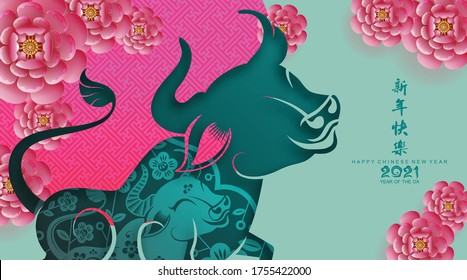 Chinese new year 2021 year of the ox , red paper cut ox character,flower and asian elements with craft style on background.(Chinese translation : Happy chinese new year 2021, year of ox)