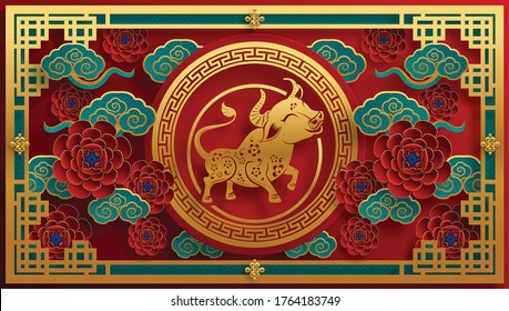 Chinese new year 2021 year of the ox , red paper cut ox character,flower and asian elements with craft style on background.(Chinese translation : Happy chinese new year 2021, year of ox)