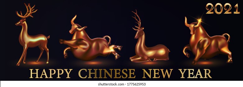 Chinese new year 2021 year of the ox , vector gold 3d ox and deer character on black background. Happy chinese new year 2021, year of ox