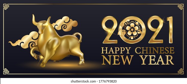 Chinese new year 2021 year of the ox , red and gold card ox character, flower and asian elements with craft style on background. Bull with text Happy chinese new year 2021, year of the ox