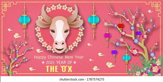 Chinese new year 2021 year of the ox , red paper cut ox character,flower and asian elements with craft style on background.(Chinese translation : Happy chinese new year 2021, year of ox)