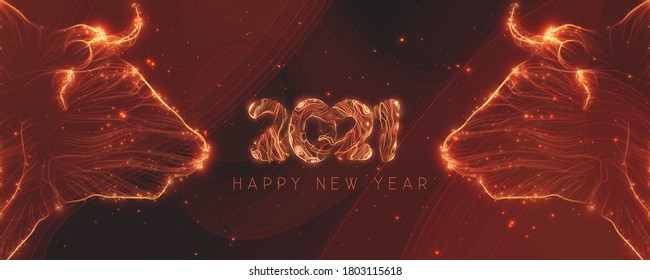 Chinese new year 2021 year of the ox. Bull heads made with glowing lines and sparks. 2021 Happy New Year text made with spark trails. Golden magical greeting card.