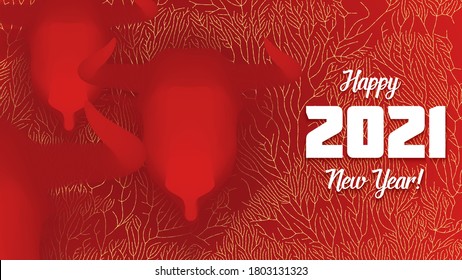 Chinese new year 2021 year of the ox. 3D red bull heads on red background with golden asian netting lines. Creative gift or greeting card.