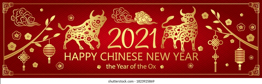 Chinese new year 2021 year of the ox , red and gold card ox character, flower and asian elements with craft style on background.