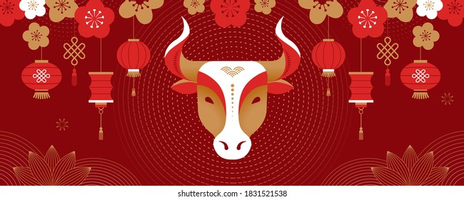 Chinese new year 2021 year of the ox, Chinese zodiac symbol, Chinese text says "Happy chinese new year 2021, year of ox" - Shutterstock ID 1831521538