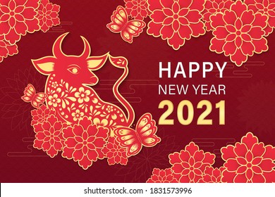 Chinese new year 2021 year of the ox , red and gold paper cut ox character,flower and asian elements with craft style on background. (Chinese translation : Happy chinese new year 2021, year of ox)