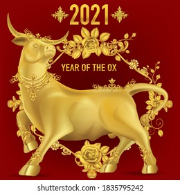 Chinese new year 2021 year of the ox , red and gold card ox character, flower and asian elements with craft style on background. Bull with text Happy chinese new year 2021, year of the ox