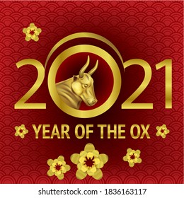 Chinese new year 2021 year of the ox , red and gold card ox character, Asian elements with craft style on background. Bull with text Happy chinese new year 2021, year of the ox