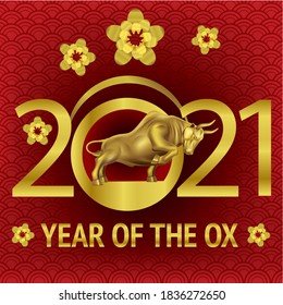 Chinese new year 2021 year of the ox , red and gold card ox character, flower and asian elements with craft style on background. Bull with text Happy chinese new year 2021, year of the ox
