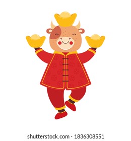 Chinese new year 2021 ox. Cute bull in traditional red Chinese clothes with gold coins and bars. Orient zodiac fortune symbol. Animal holidays cartoon character. Sign of wealth, prosperity, good luck