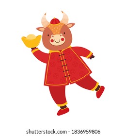 Chinese new year 2021 ox. Cute baby bull in traditional red Chinese clothes with gold coins and bars. Orient zodiac fortune symbol. Animal holidays cartoon character. Hand drawn vector illustration
