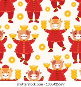 Chinese new year 2021 ox. Seamless pattern cute baby bulls in traditional red Chinese clothes with gold coins and bars. Orient zodiac fortune symbol. Hand drawn animal holidays cartoon character