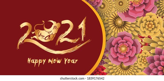 Chinese new year 2021 year of the ox , red paper cut ox character,flower and asian elements with craft style on background