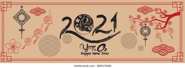 Chinese new year 2021 year of the ox , red paper cut ox character,flower and asian elements with craft style on background