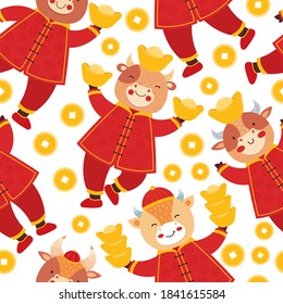 Chinese new year 2021 ox. Seamless pattern cute baby bulls in traditional red Chinese clothes with gold coins and bars. Orient zodiac fortune symbol. Hand drawn animal holidays cartoon character