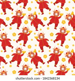 Chinese new year 2021 ox. Seamless pattern cute baby bulls in traditional red Chinese clothes with gold coins and bars. Orient zodiac fortune symbol. Hand drawn animal holidays cartoon character