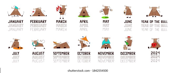 Chinese New Year 2021. The Year of the Ox. Happy, smiling bull, cow. Set of vector illustrations in cartoon style isolated on white. Collection of funny cute kawaii characters for calendar print