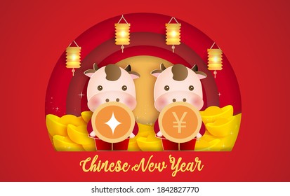 Año nuevo chino 2021 , año de la tarjeta de saludo de buey con un lindo buey empapado en oro .