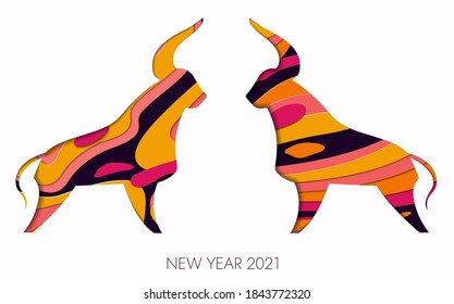 Chinese New Year 2021, year of the Ox vector design. Paper cut Ox, Chinese characters mean Happy New Year, Ox, Good Luck.