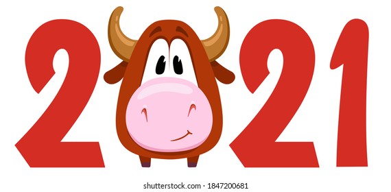 Chinese new year 2021 year of the ox. Happy Chinese new year 2021, year of ox. Сute bull and writing numbers 2021. Background for greeting card, flyers, poster