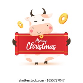 Chinese new year 2021 year of the ox. Happy cute bull in cartoon style with gold coin and red scroll. Year of the bull. Greeting card for Merry Christmas and happy new year.