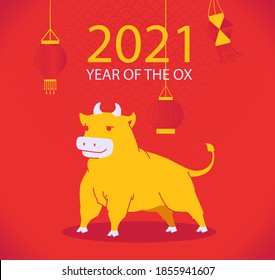 Chinese new year 2021 year of the ox poster with bull on red chinese pattern background and paper lantern  - Shutterstock ID 1855941607